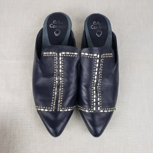 Calleen Cordero Sheira Slides Navy Blue Studded Backless Mule Shoes Size 10 - Picture 3 of 12